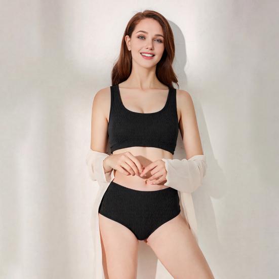 2Pcs/Set Women Bikini Set U-Neck Sleeveless Removable Padding Bra High Waist Swimming Trunks Set Ribbed