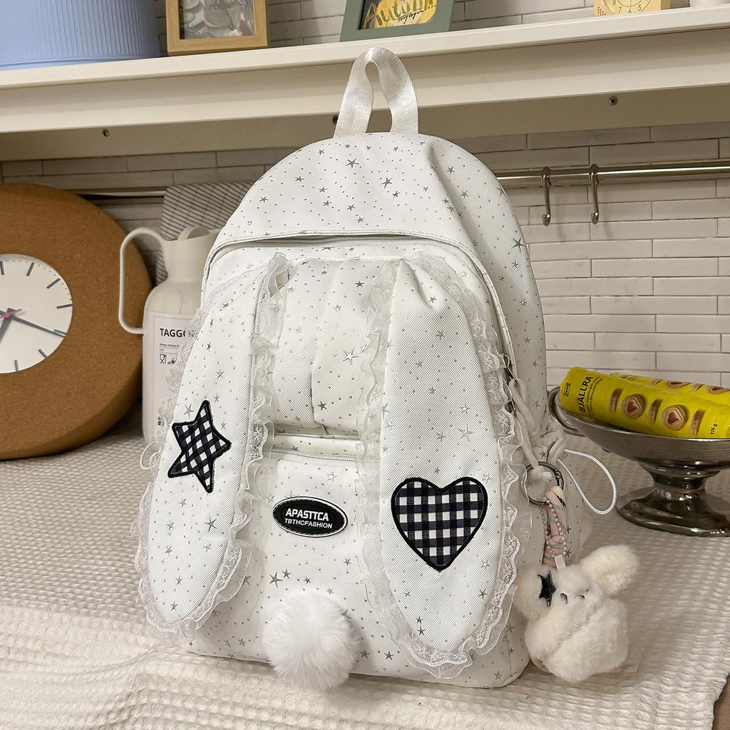 Schoolbag hazy fine flash polka dot lace rabbit ear backpack Korean soft girl gentle and versatile class travel small backpack