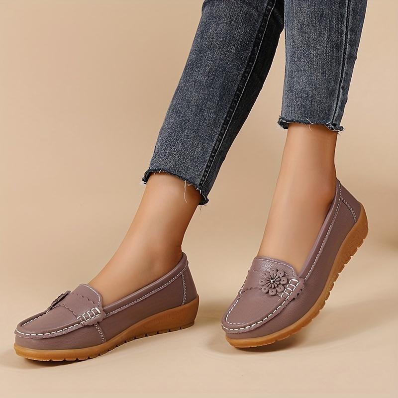 Women's Flower Decor Flat Loafers, Casual Solid Color Slip On Shoes, Lightweight & Comfortable Shoes