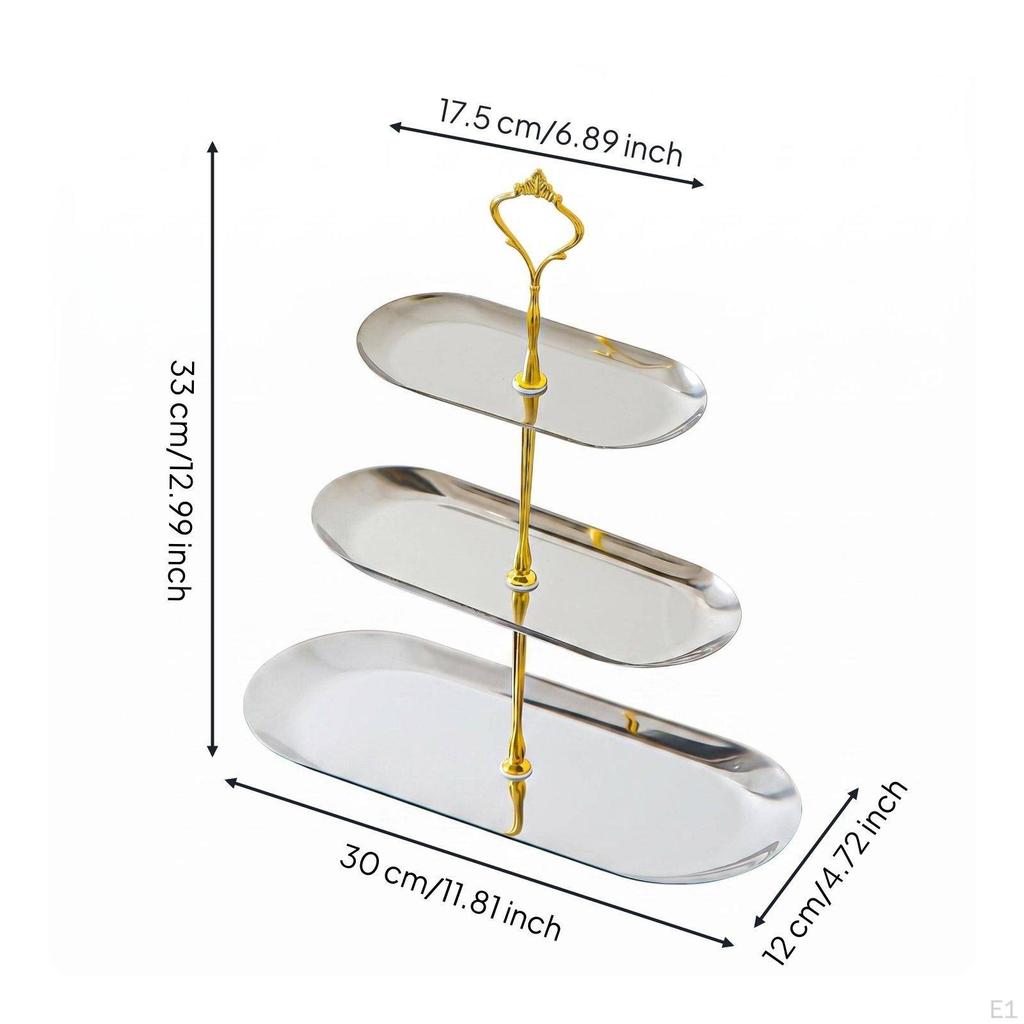 3 Tier Dessert Stand Metal Frame Oval Serving Sturdy Design Stainless Steel Tray for