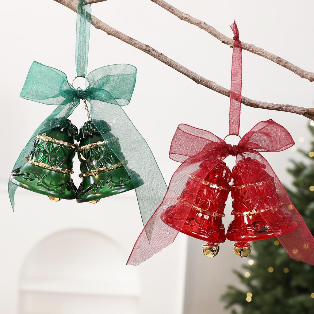 Semi-transparent PET Double Christmas Bells Hanging Ornament with Organza Bow, DIY Xmas Tree Decoration for Holiday Home Decor