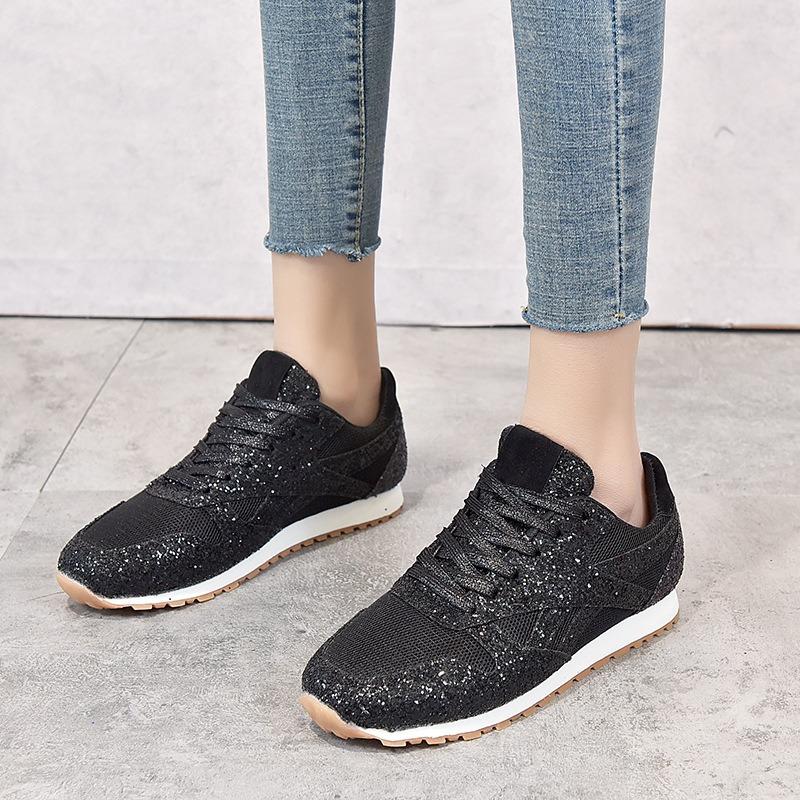 Sports Casual Shoes Women's New Lace-up Flat-soled Sequins Women's Shoes Large Size Women's Single Shoes