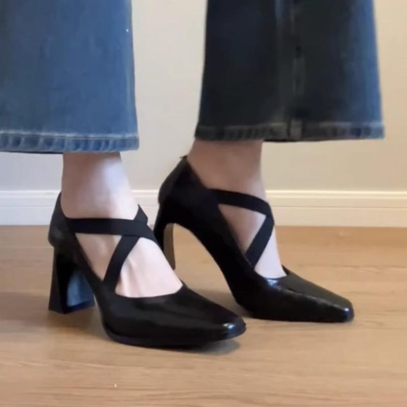 Fashion 2025 Spring and Summer New Cross Elastic Band Retro Thick Heel Mary Jane One Foot High Heels Women Singles Pointed Ballet Shoes