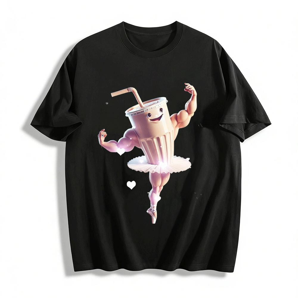 

Muscular Milk Tea Cup Ballet Style Fun Print Short Sleeve T-Shirt Pure cotton T-shirt XXS