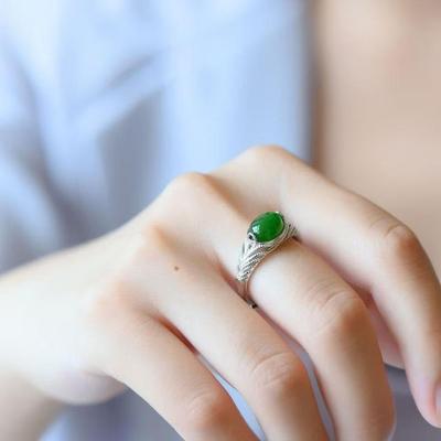 Silver Fashion Retro-Style Green Jade Adjustable Ring for Women