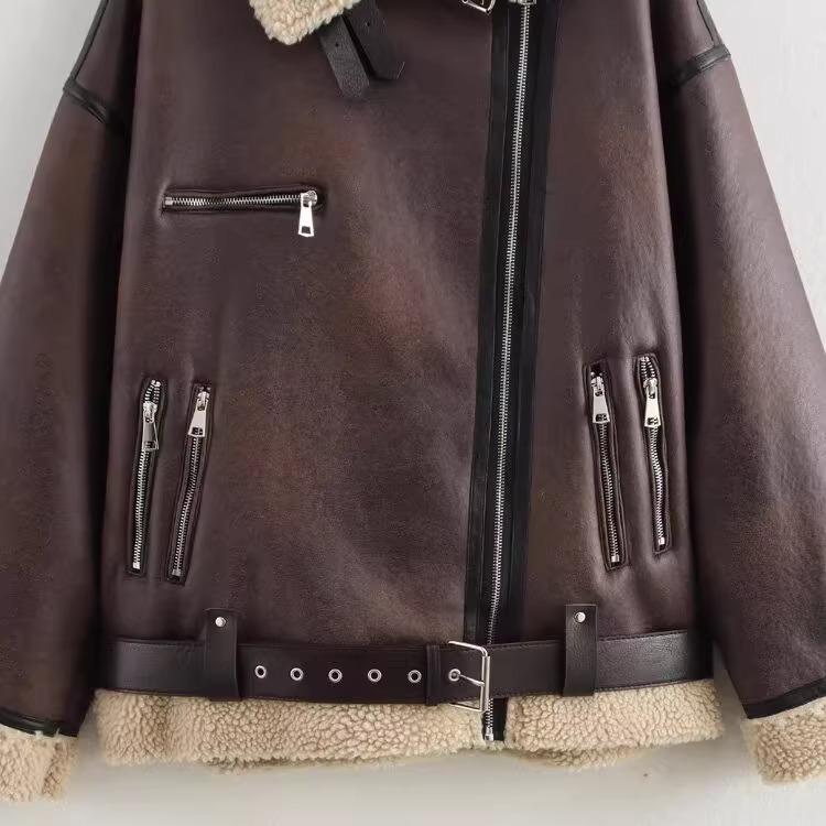 New Autumn Models, Women's Clothing, Stylish Design, Belt Zipper Composite Fur Integrated Jacket