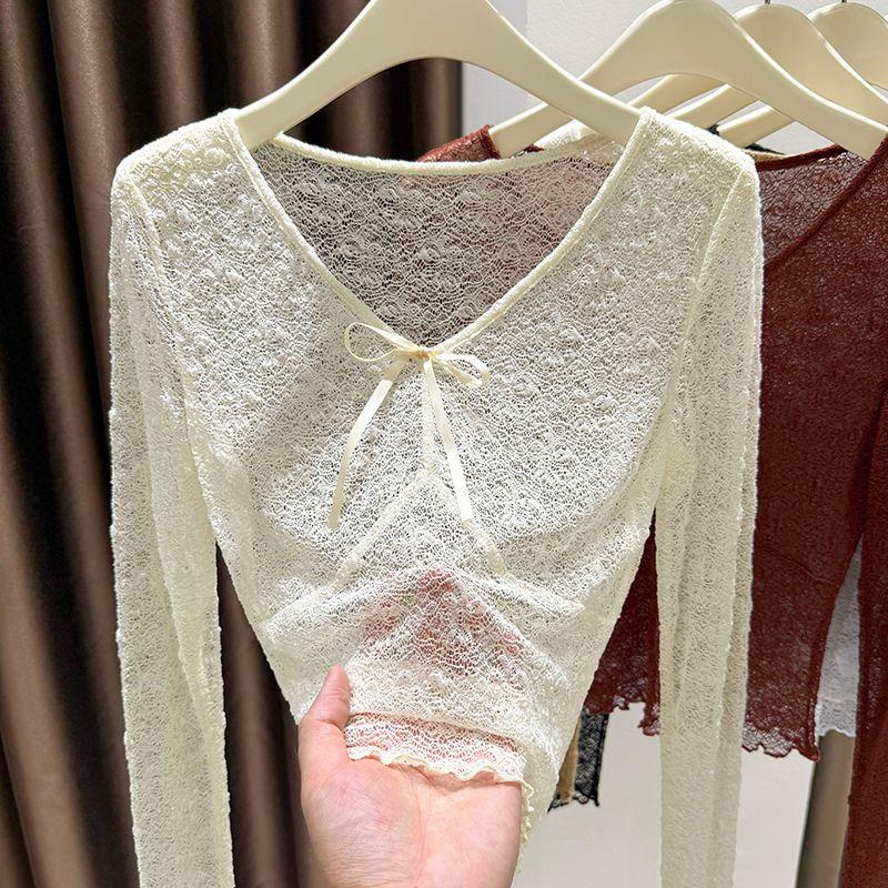 Hollow Lace Bottoming Women's Autumn  New V-neck Inner T-shirt Thin Mesh Long-sleeved Top
