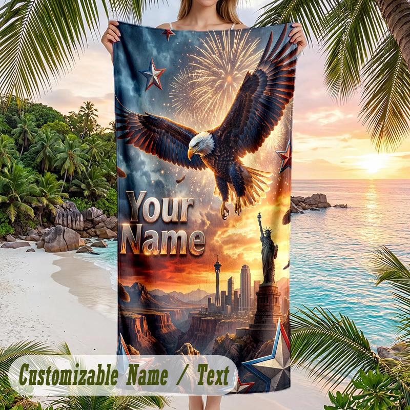 American Patriotic Theme Beach Towel Personalized Custom Name & Text Soft Quick Dry Beach Towel for Swimming Travel