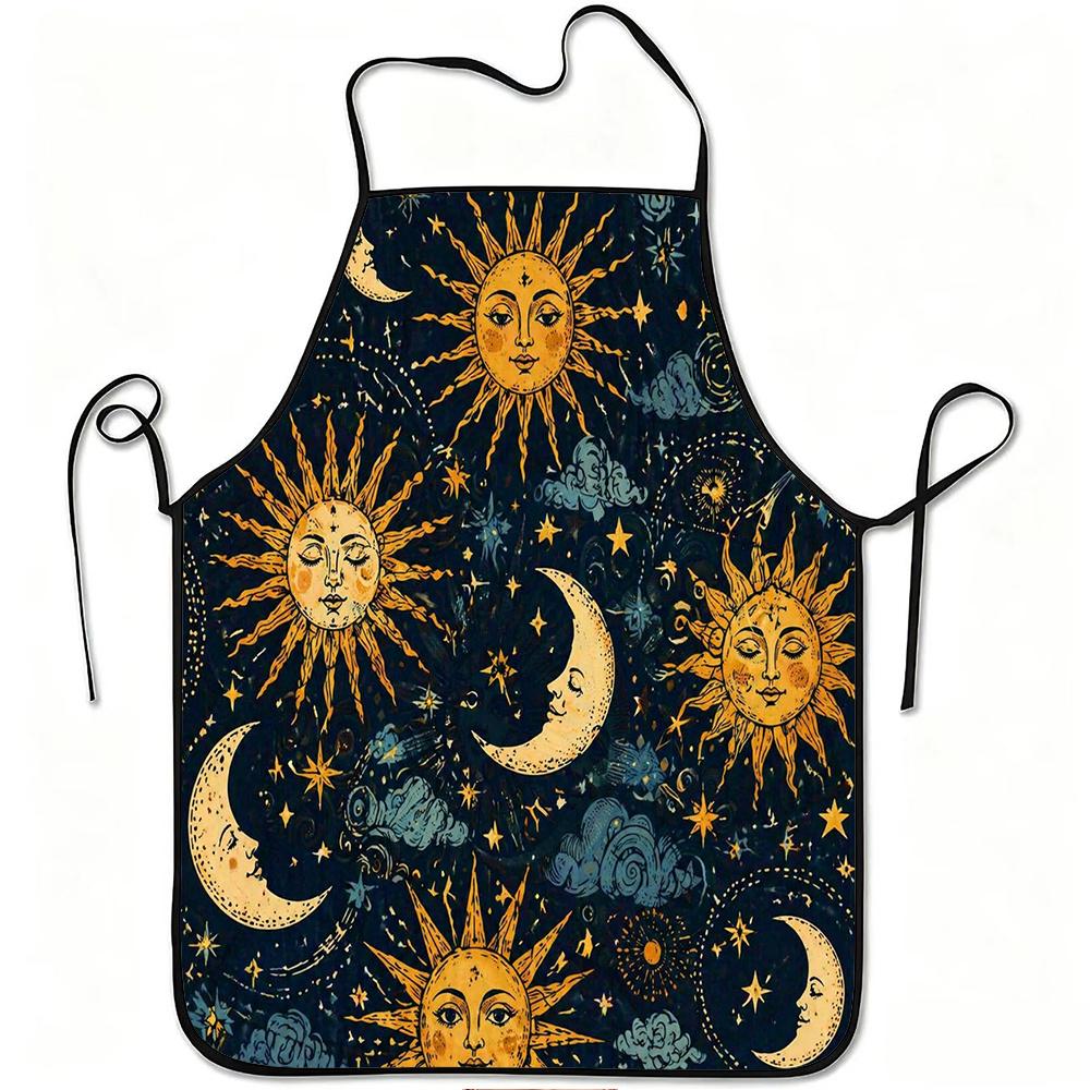 1pc Sun Moon Star Vintage Pattern Print Apron, Durable And Easy To Clean, Adjustable Waistband, Polyester Material, for Kitchen Cooking, Gardening, Or