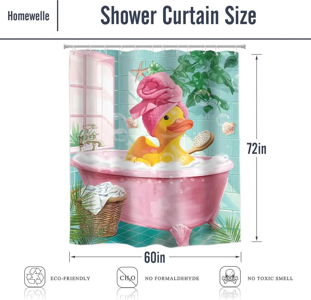 Funny Rubber Duck Shower Curtain Cute Yellow Pink Kids Animal in Bathtub Lovely Green Plants Botanical Brush for Teens Boys