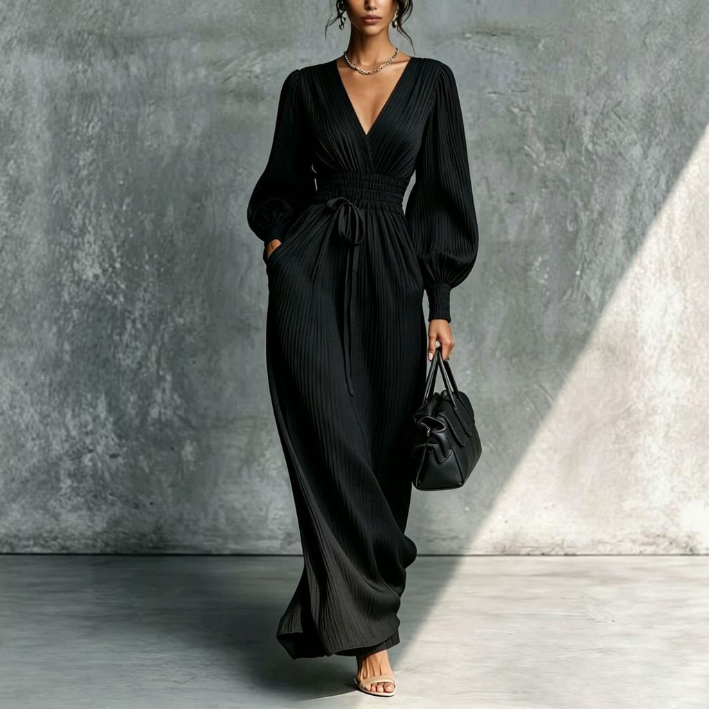 European and American new hot-selling solid color casual and comfortable waist long-sleeved dress women
