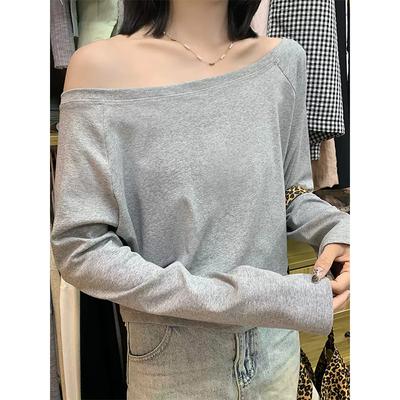 New One-word Shoulder Long-sleeved Top Women's Black Slanted Shoulder T-shirt Collarbone Design Niche Off-the-shoulder Spice Girl Bottoming Shirt