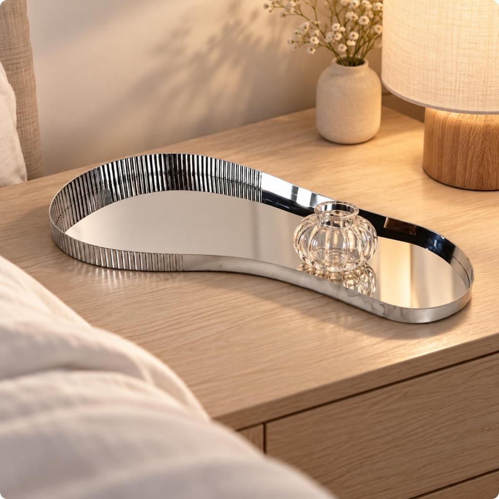 Display Tray with Ribbed Borderless Mirror Finish Serving Silver for Living Room, Dining Area,