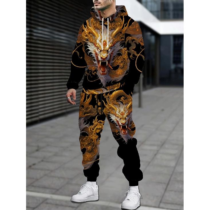 Men'S 3D Dragon Graphic Hoodie And Jogging Pants - Trendy And Comfortable Attire for Spring And Autumn