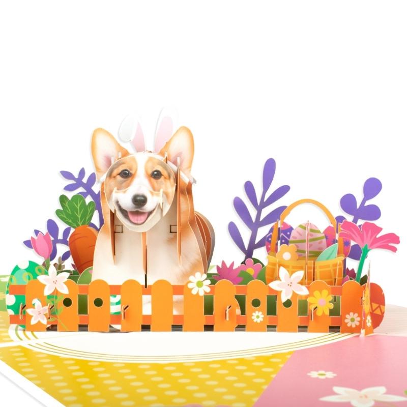 3D Easter Corgi Dog Greeting Card Set Spring Season Invitation Card for Festival New Year Holiday Party Message Card
