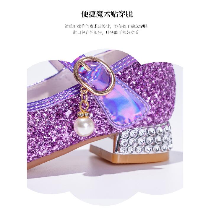 Buty księżniczki fioletowe Kuromi buty do występów dla dziewczynek małe dziewczynki buty na jeden sezon wiosna i jesień wysokie obcasy wybieg miękka podeszwa skórzane dla dzieci