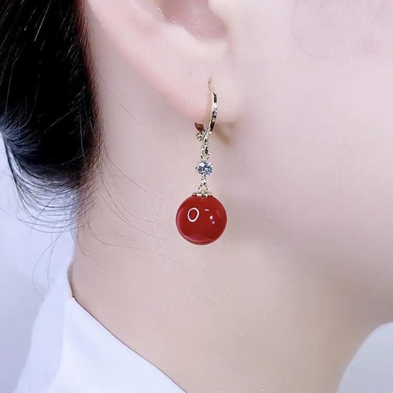 S925 Silver Needle Retro Red Pearl Earring Buckle Explosive High End Charm Small Earrings Round Face Slimming Earrings