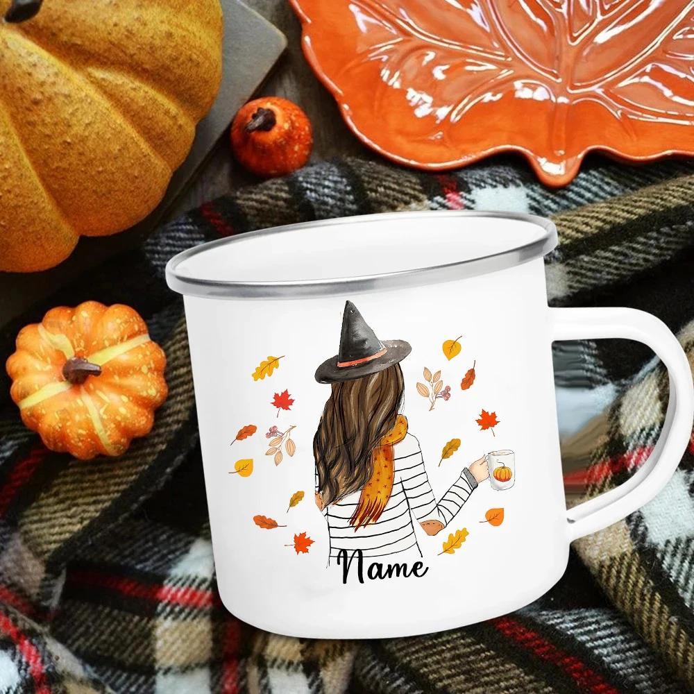 Personalized Custom Name Enamel Mug Cartoon Girl Printed Coffee Cups Thanksgiving Halloween Party Drink Dessert Milk Mugs Gifts 360ML