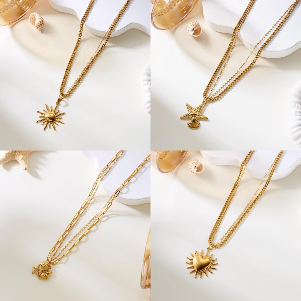 Beach Style Double Layer Stainless Steel Necklace With Starfish Shell And Heart Pendant For Women And Men