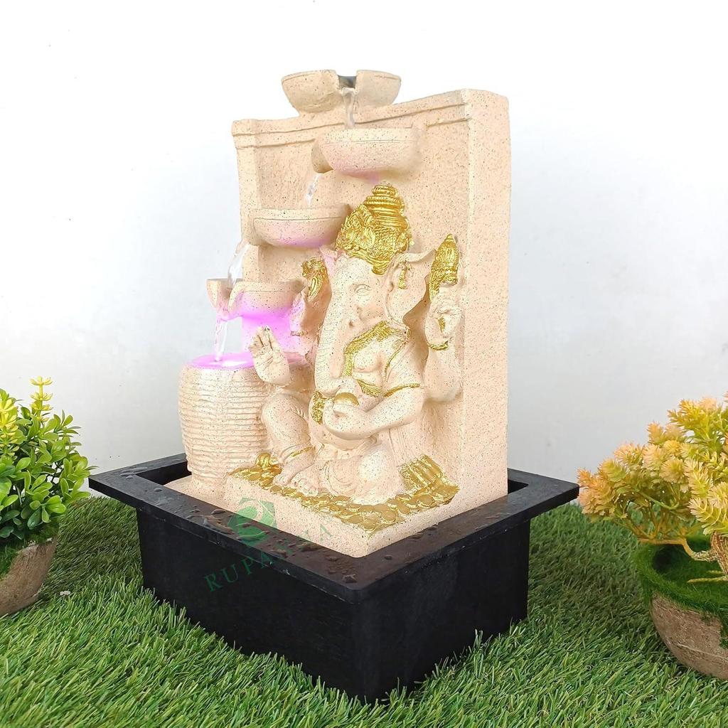 3 Step Ganesha Table Top Water Fountain with RGB LED Light for Home Décor/Gift/Vastu/Pooja/Reception/House Warming (Biege Stone)