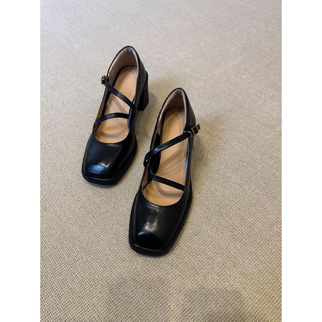 Sheepskin version~ Mary Jane high heels women's thick heels professional commuting comfortable versatile small leather shoes cross strap single shoes
