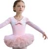 Girls Long-Sleeve Ballet Dance Costume Leotard Dress Pink White Tutu Skirt Stretch Fabric Dancewear Performance Gym Suit