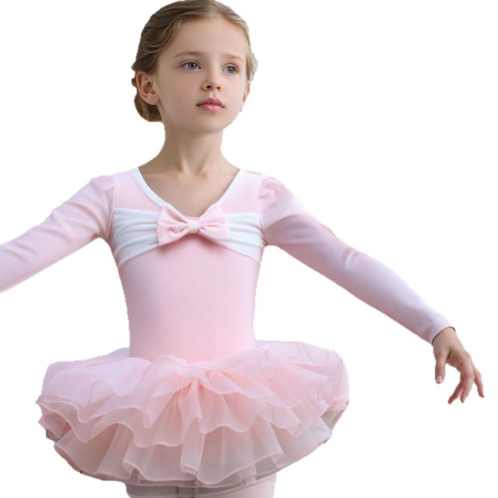 Girls Long-Sleeve Ballet Dance Costume Leotard Dress Pink White Tutu Skirt Stretch Fabric Dancewear Performance Gym Suit