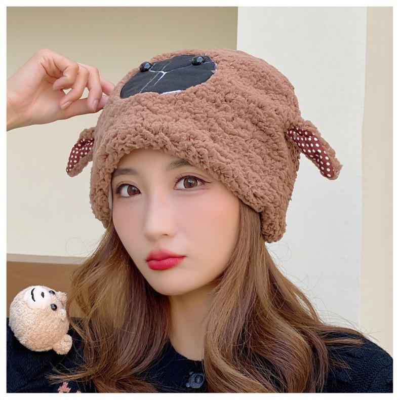 

Lamb Hat for Women In Autumn and Winter Cute Cartoon Warm Hat Riding Ear Thickened Cotton Hat Plush Confinement Pullover Hat One size