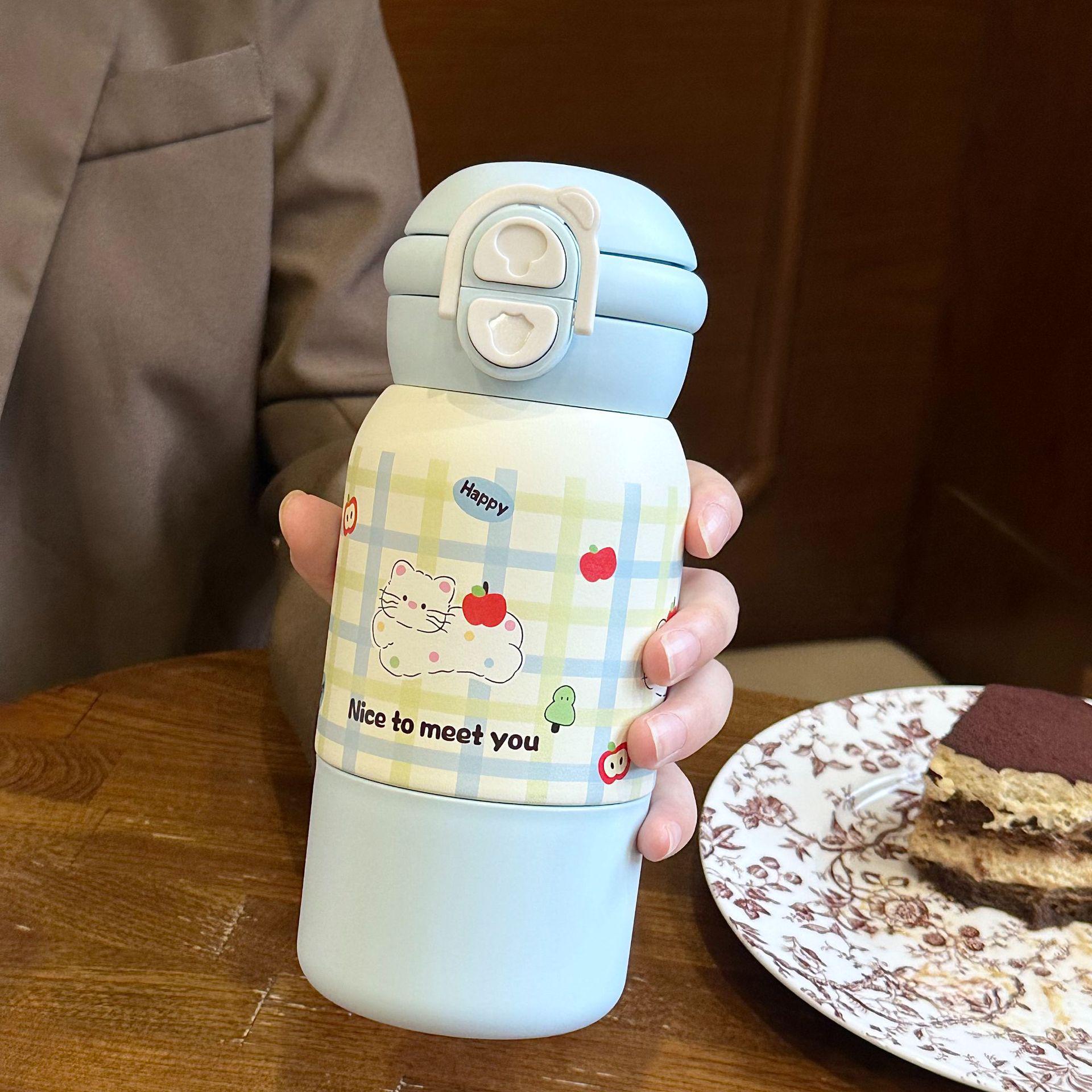 Portable Three-Way Kids Thermos Cup with Straw - Cute Cartoon Design 400ml синий