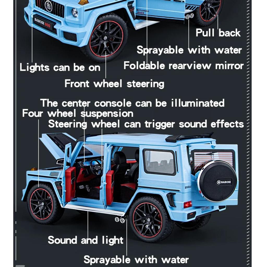 1/18 Scale Benz G800 Off-Road Vehicle SUV Alloy Diecast Model Car Collection Sound & Light Sprayable Gifts for Kids Boyfriend