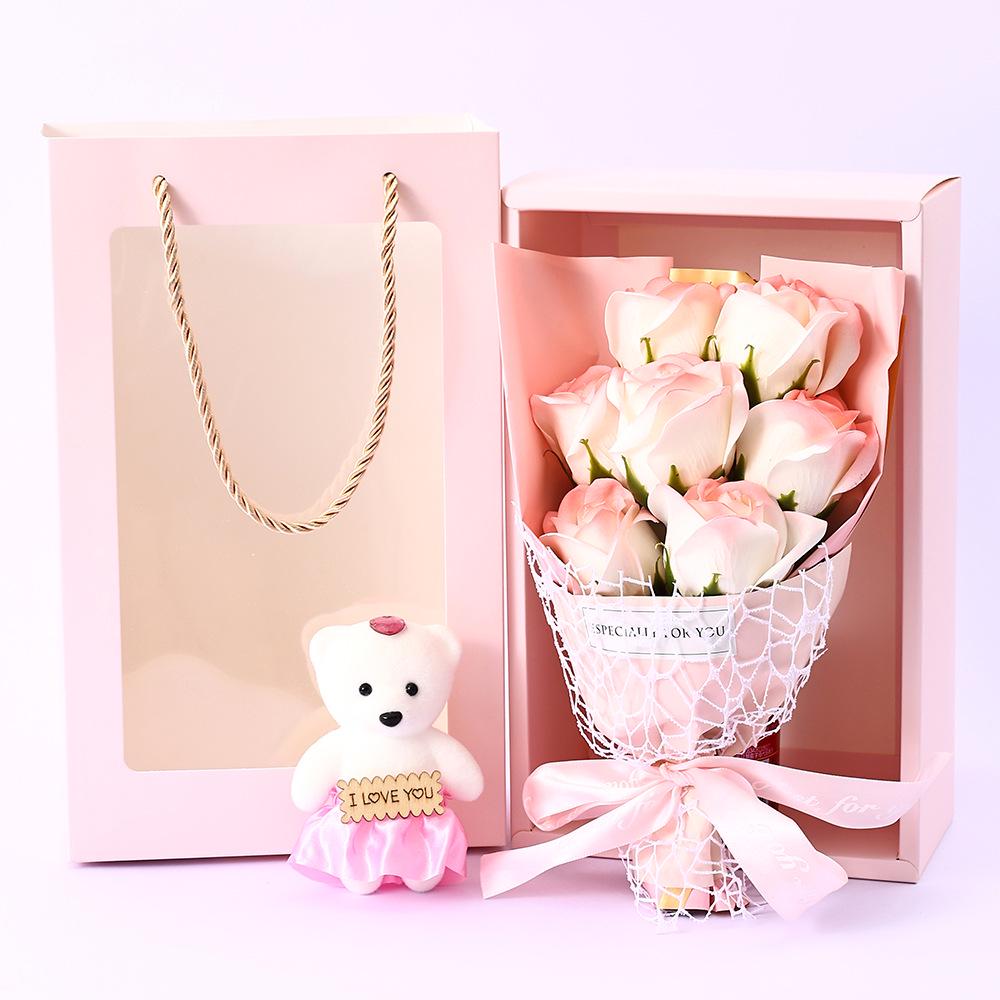 Qixi Valentine Gift Set: Soap Rose Bouquet with Teddy Bear