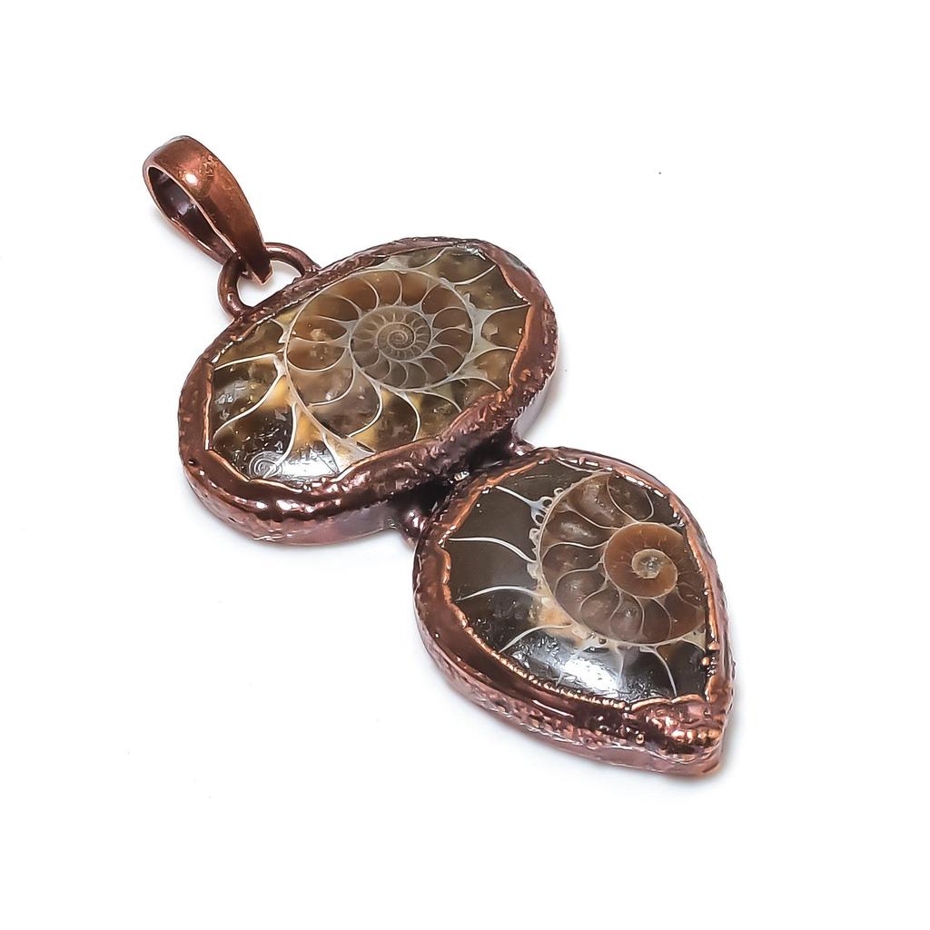 Ammonite Fossil Copper Electroformed Pendant, Handmade Gemstone Jewelry Pendant For Memorial Day