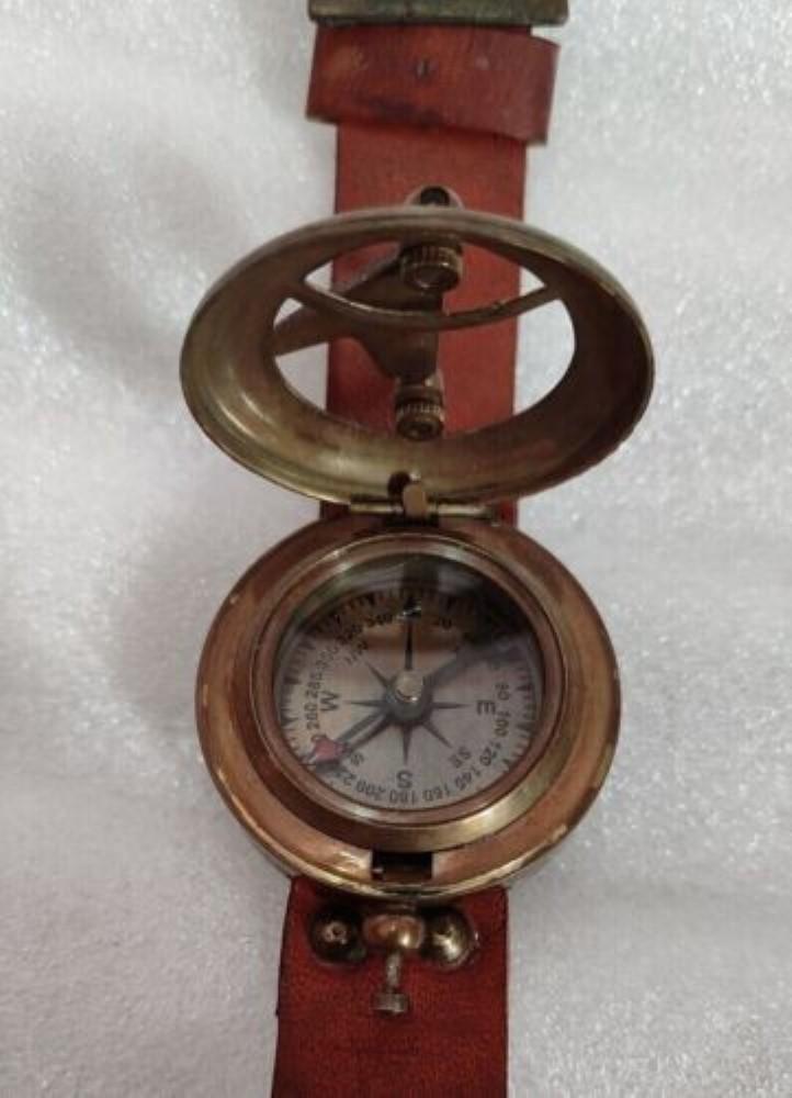 Sundial Wrist Watch Brass Compass & Leather Straps Nautical Steampunk Handmade