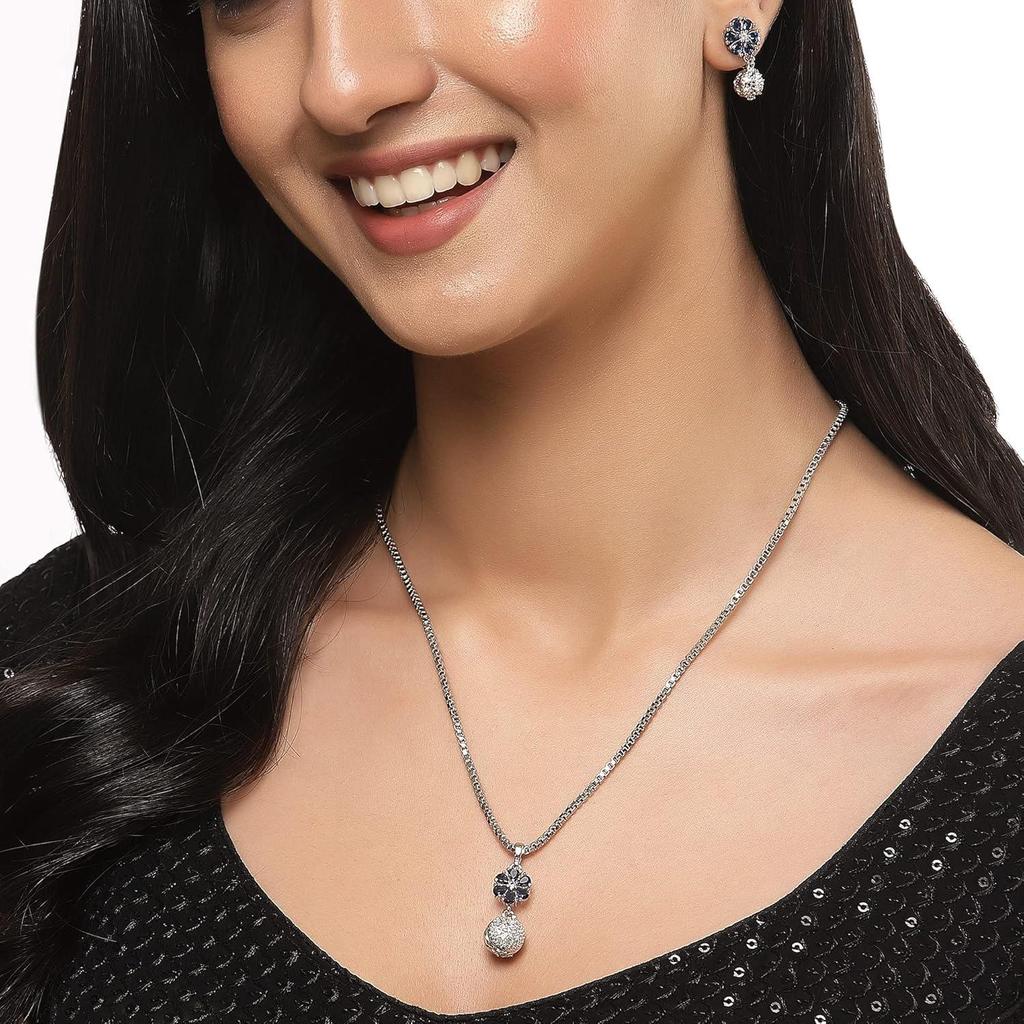 Rhodium-Plated Silver Toned Green Cubic Zirconia Studded Floral Shaped Cute Pendant with Earrings Jewellery Set