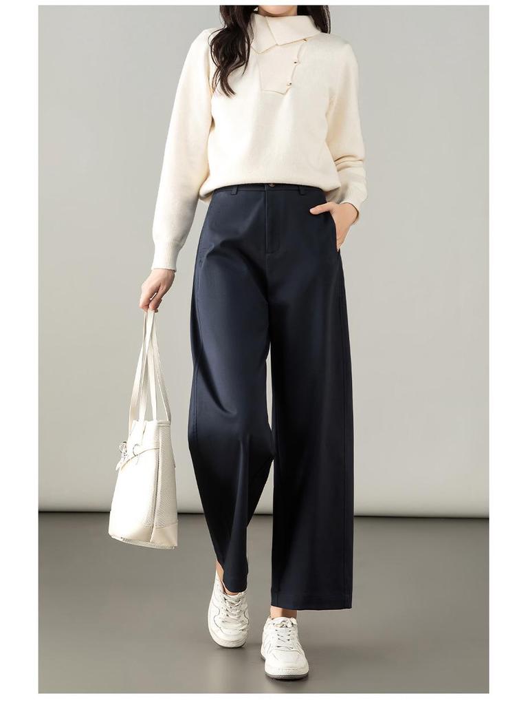 Autumn 2025 Women's Navy Blue Lyocell Cotton Wide-Leg Pants - High-Waisted, Slimming, Casual Straight-Leg Design