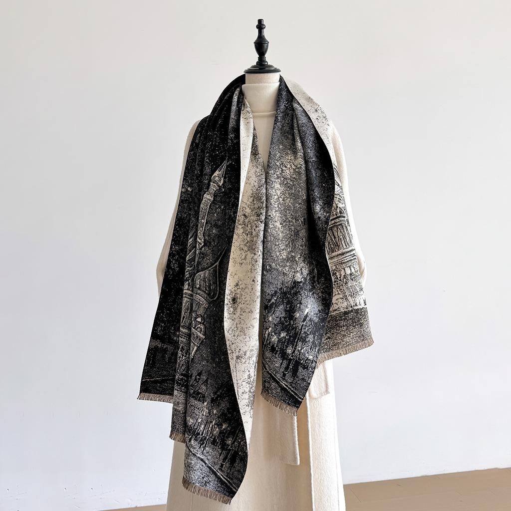 Retro Style Cashmere Women Castle Print Double-Sided Scarf Winter Warm Shawl Pashmina Female Foulard Blanket Poncho Scarves