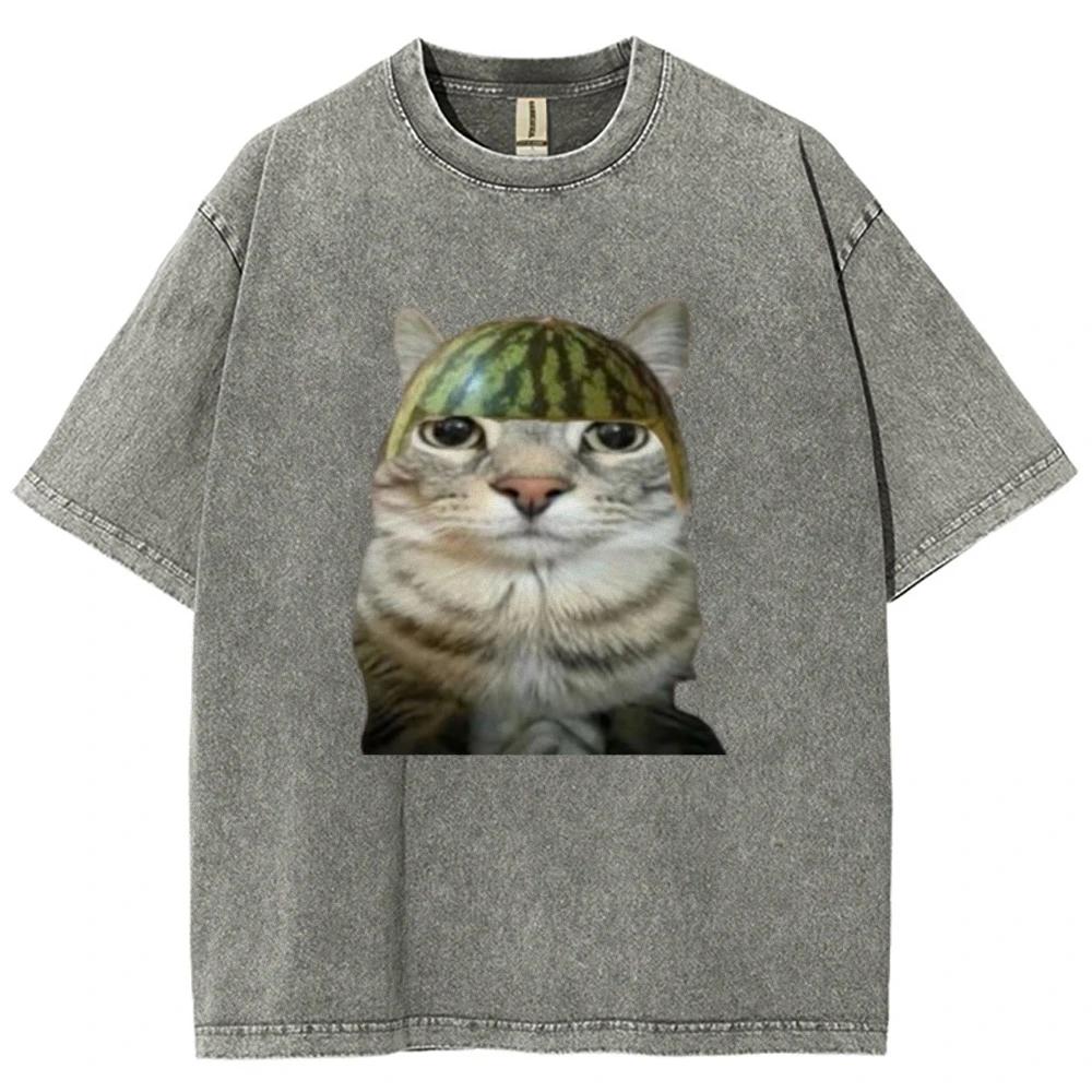 Watermelon Cat Silly Cat Meme T-Shirt Stylish Oversized Unisex Top Men Women Graphic Cotton T Shirts Streetwear