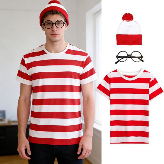 Dospělý Červeno-bílý pruhovaný tričko Brýle Klobouk Sada Halloweenský Cosplay Kostým Maškarní Oblečení pro Muže Ženy