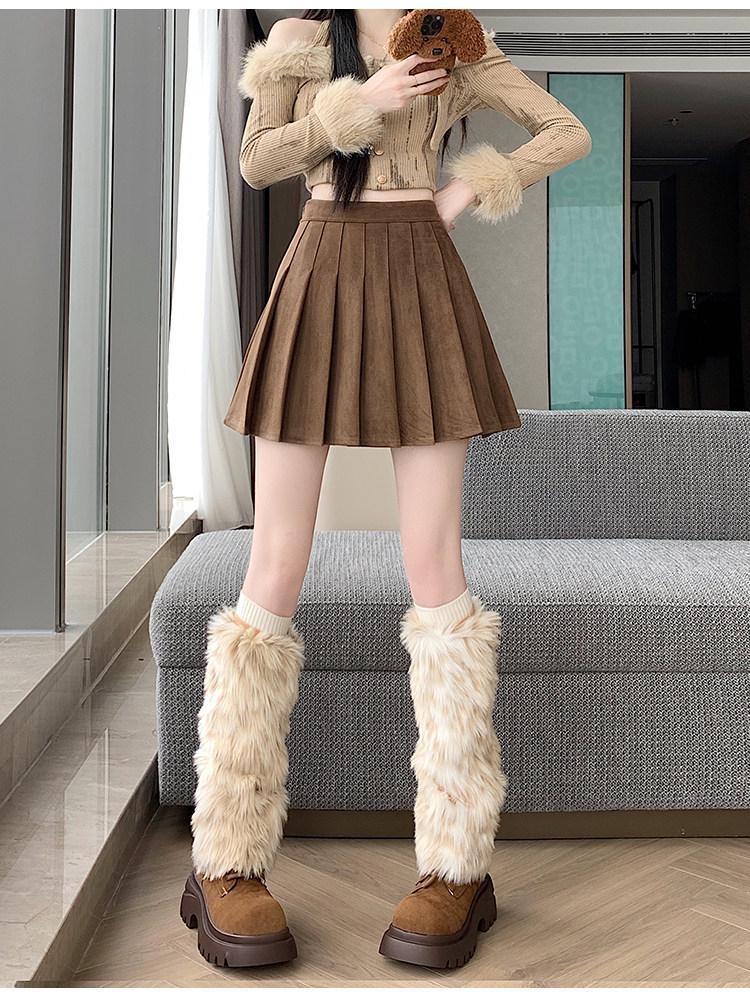 Plus Size Pleated Mallard Brown Suede Skirt - High Waist, Anti-Exposure, Short Skirt for Spring/Autumn