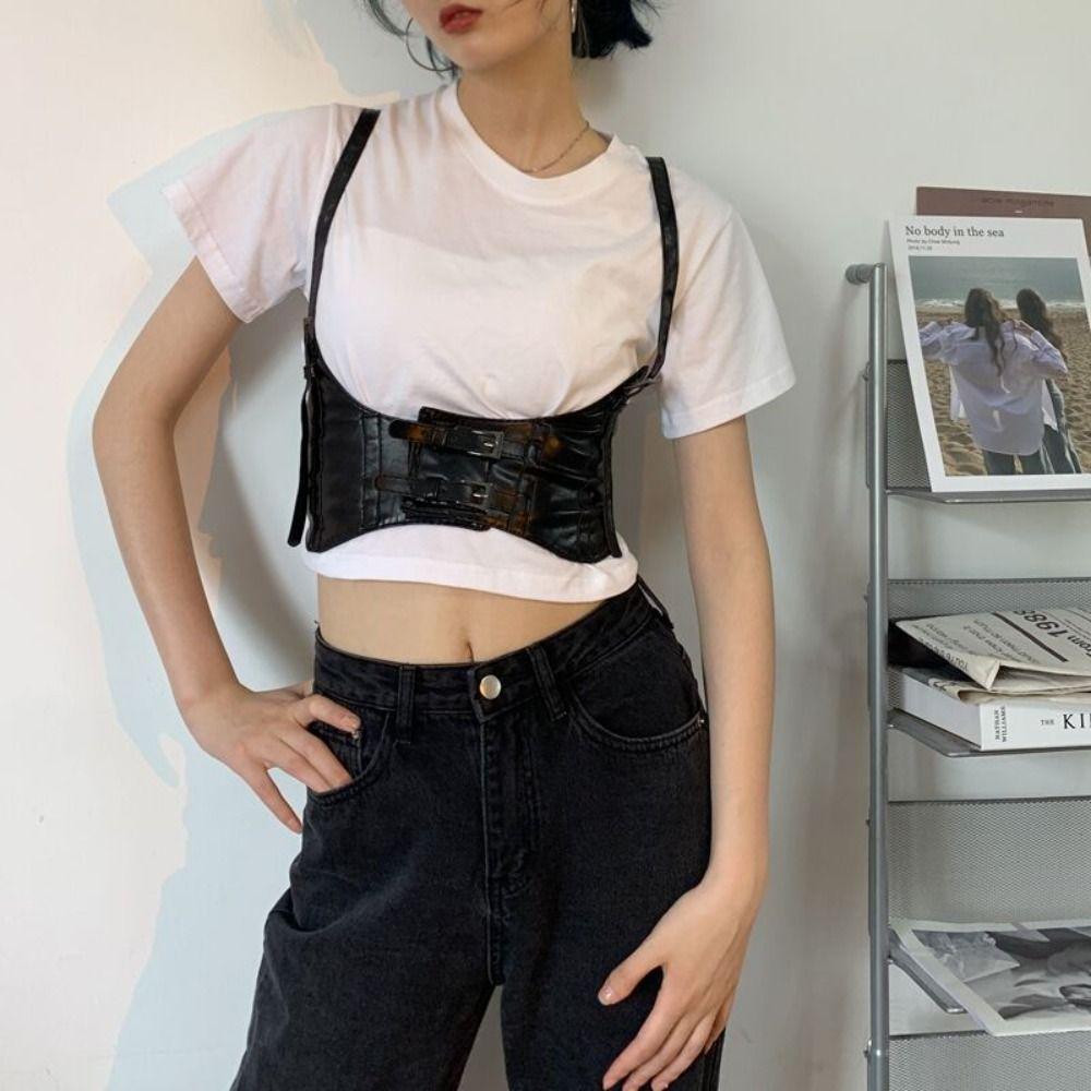 PU Leather Suspenders Elastic Cummerbunds High Waist Waist Corset Fashion Wide Belt  Ladies