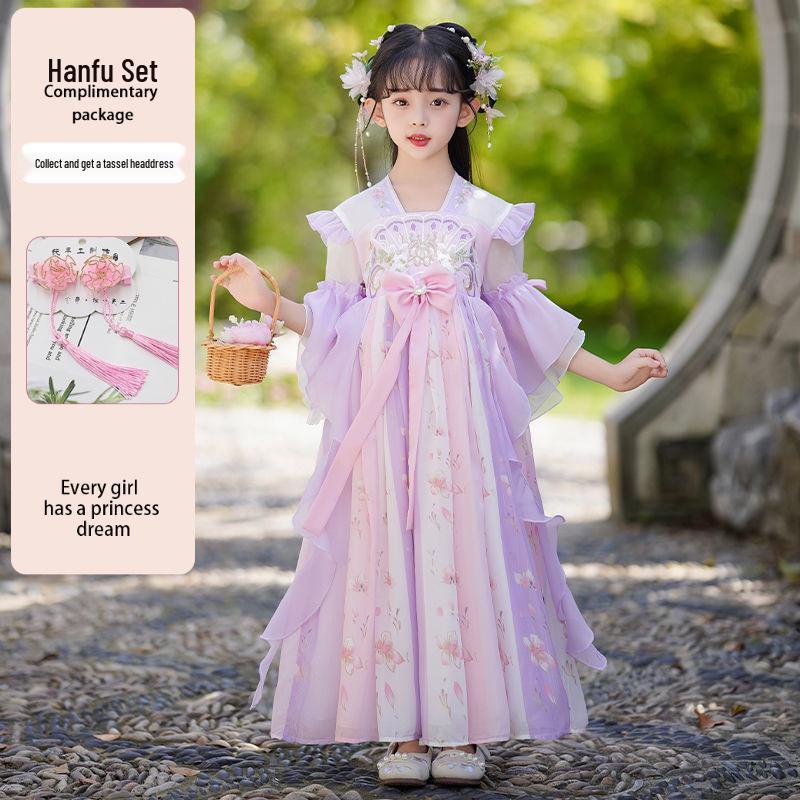 Summer 2026 Girls Hanfu: Princess Fairy Chiffon Dress with Chinese Embroidery 130