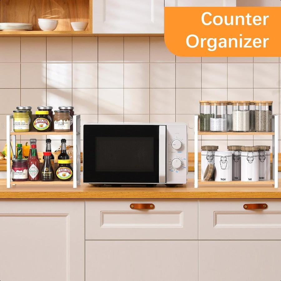 SpiceRackOrganizerShelf for Kitchen Counter 2 Tiers Coffee Bar Station Organizer for Countertop Space Saving Desk Shelving Rise