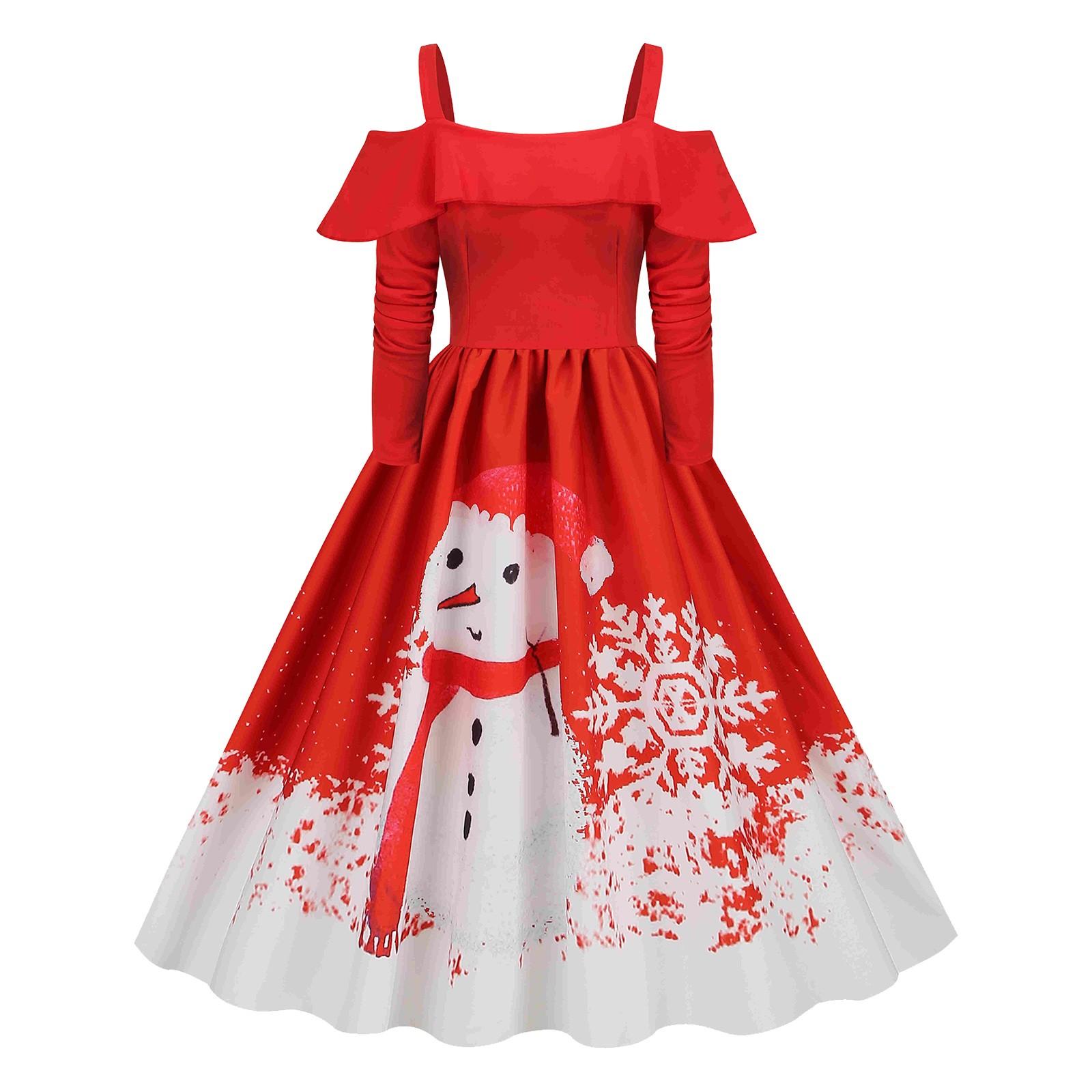 

Женское платье с длинными рукавами и рюшами без бретелек с рождественским принтом и большим подолом M белый