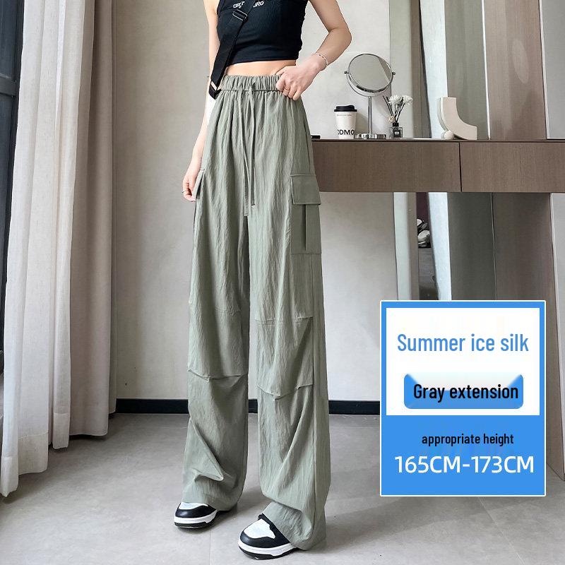 Women's Small Straight Leg Work Pants - Summer Ice Silk, Designer-Style, Elastic High Waist, Wide Leg, Floor-length