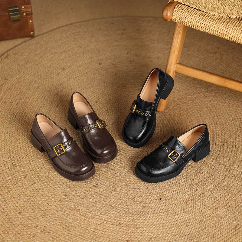 Krazing Pot Cow Skin Autumn Winter Shoes Chunky Heels Size 43 Size 42 Round Toe Slip on Metal Buckle Deep Mouth Pumps