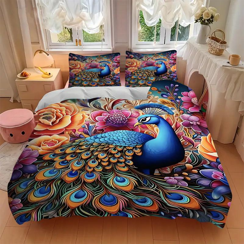 3pcs Peacock Feather Print Duvet Cover Set - Includes 1 Duvet Cover and 2 Pillowcases, No Quilt Core, All-Season Home Decor yy251111073