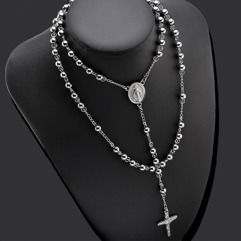 Non-fading European Round Steel Beads Cross Rosary Necklace with Virgin Mary Pendant for Men & Women