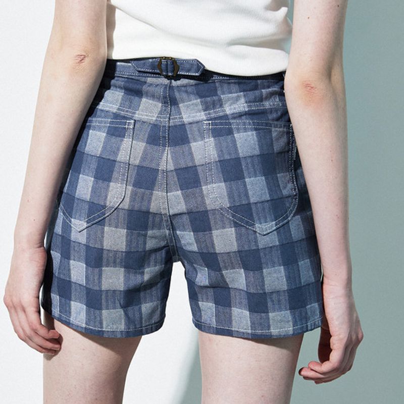 MAGOODGAN MINIT 7933 Apron Check Indigo Shorts Hot Pants