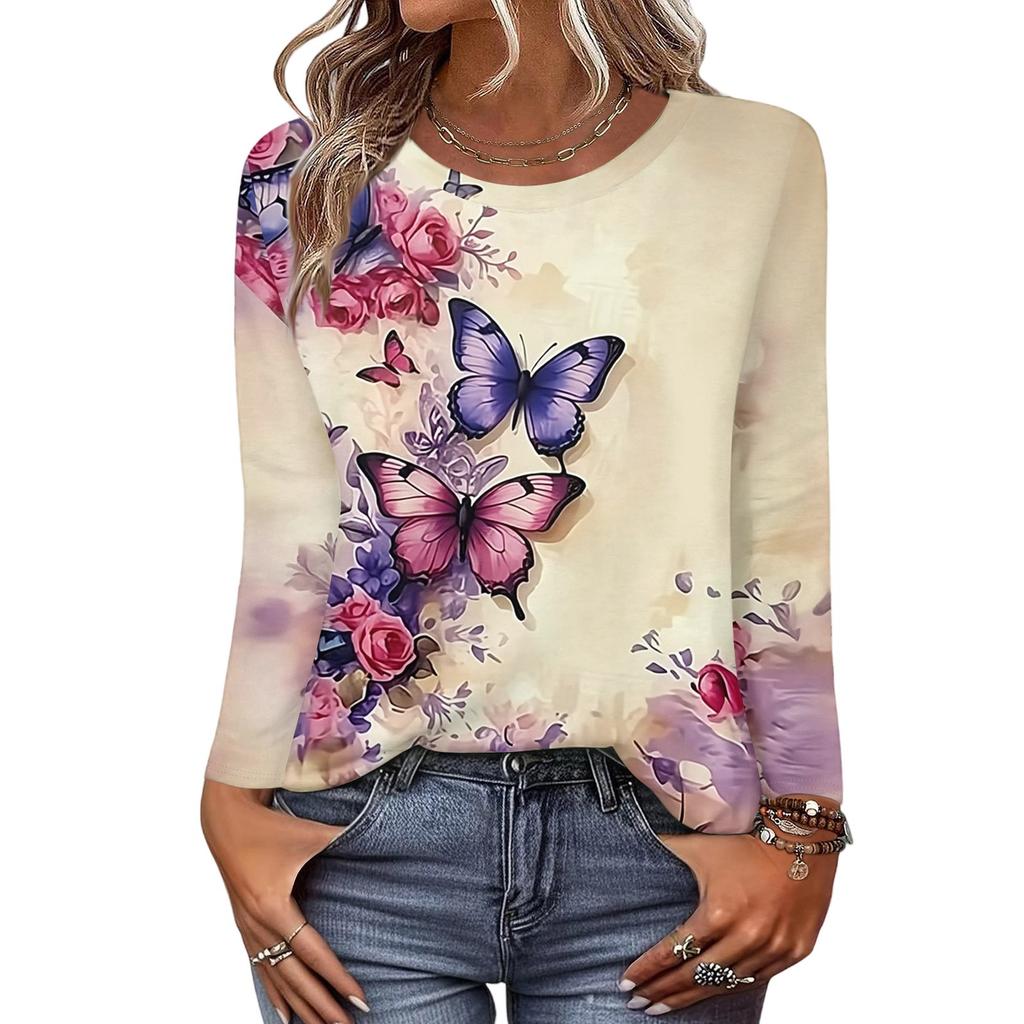 Long Sleeve Shirts For Women Cute Print Graphic Tees Blouses Casual Plus Size Basic Tops Pullover