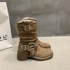 Fashion Vintage Thick Heel Women Western Cowboy Boots Autumn Winter Ladies Shoes Belt Buckle Elegant Mid Calf Booties